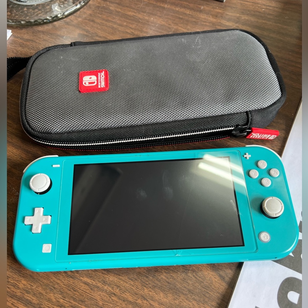 Turquoise Nintendo switch lite with case